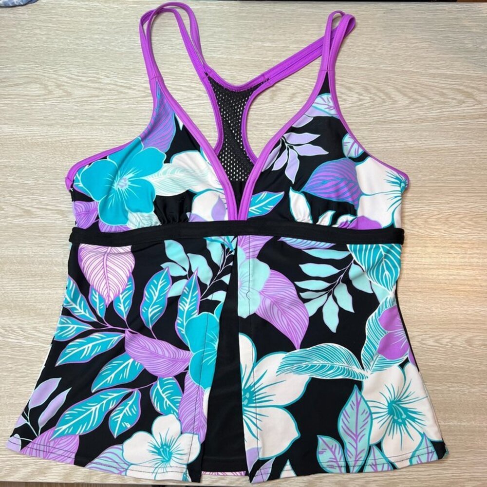 Zero Xposur Women's L Racerback Swim Tankini Top Hawiian Print Halter Top